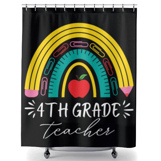 4th grade teacher back to school rainbow pencil Shower Curtains