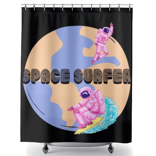 Space Surfer Two Astronauts and Planet Earth Shower Curtains