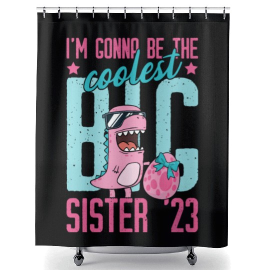 Coolest Big Sister 2023 Baby Pregnancy Dino Girls Shower Curtains