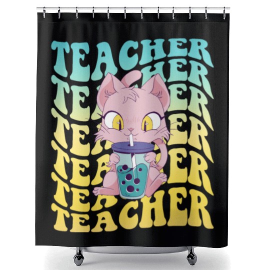 Boba Tea Teacher Kawaii Cat Groovy Back To School Shower Curtains