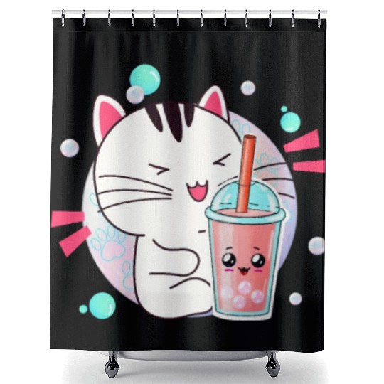 Kawaii Anime Cat Bubble Tea Fan Shower Curtains