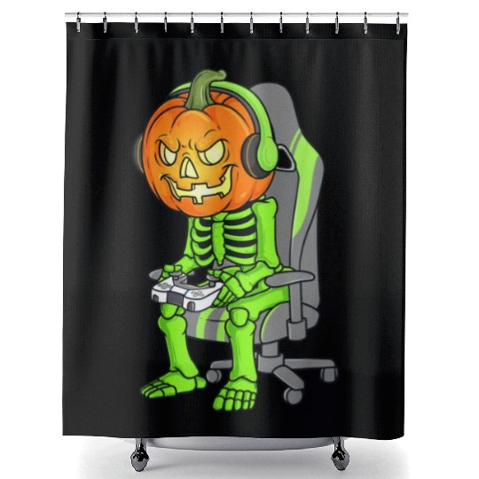 Gaming Halloween Skeleton Jack O Lantern Gamer Boy Shower Curtains