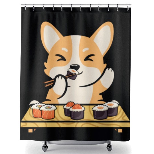 Kawaii Dog Eating Sushi Rolls Shower Curtains