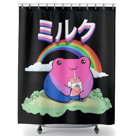 Kawaii Frog Strawberry Milk Bisexual Pride Flag Shower Curtains