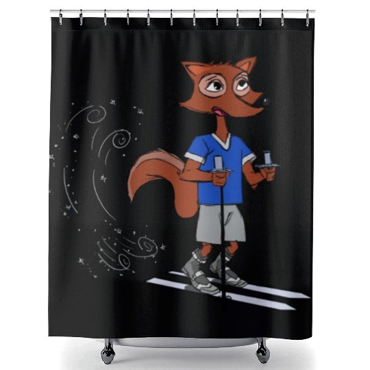 Winter fox goes skiing with polls and boots blue Shower Curtains