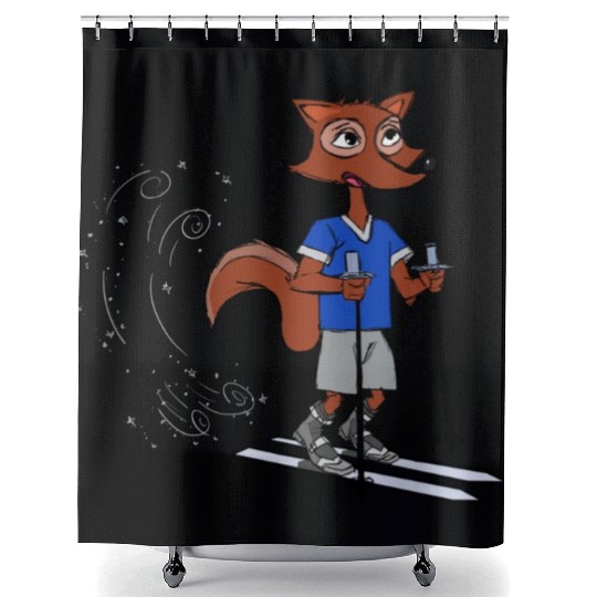 Winter fox goes skiing with polls and boots blue Shower Curtains