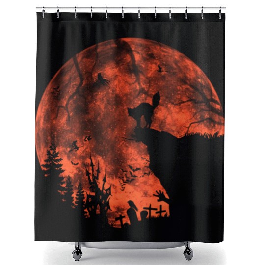 Cat Red Moon trick or treat Bats Forest Funny Hall Shower Curtains