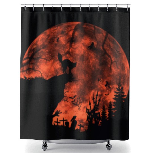 Cat Red Moon trick or treat Bats Forest Halloween Shower Curtains