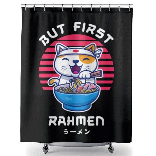 But First Ramen Cat Japan Kawaii Shower Curtains