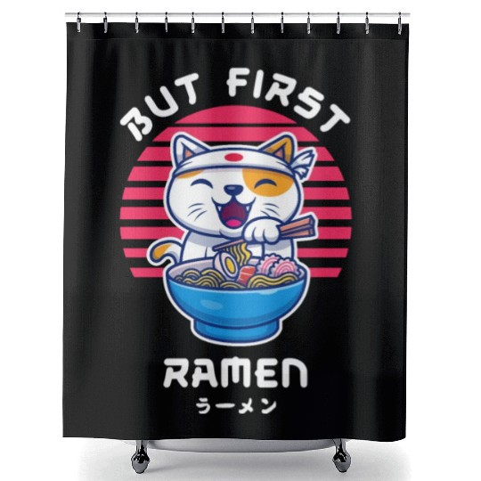 But First Ramen Cat Japan Kawaii Shower Curtains