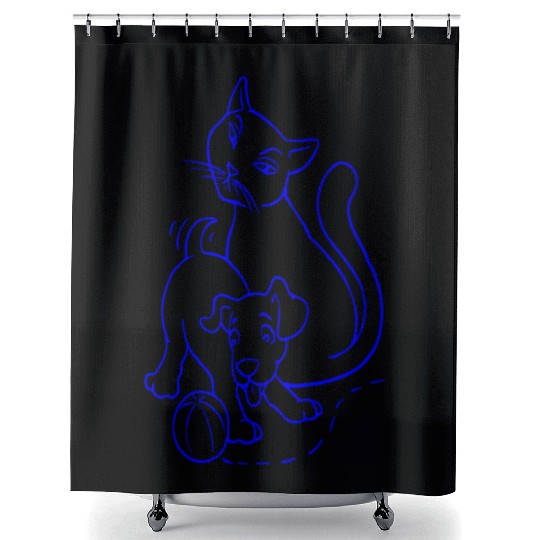 Cat And Dog Blue Shower Curtains