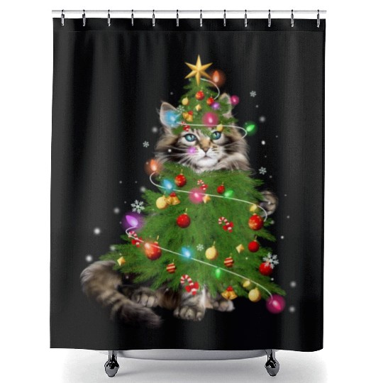 Cat Maine Christmas Tree Holiday Cat Lovers Xmas Shower Curtains