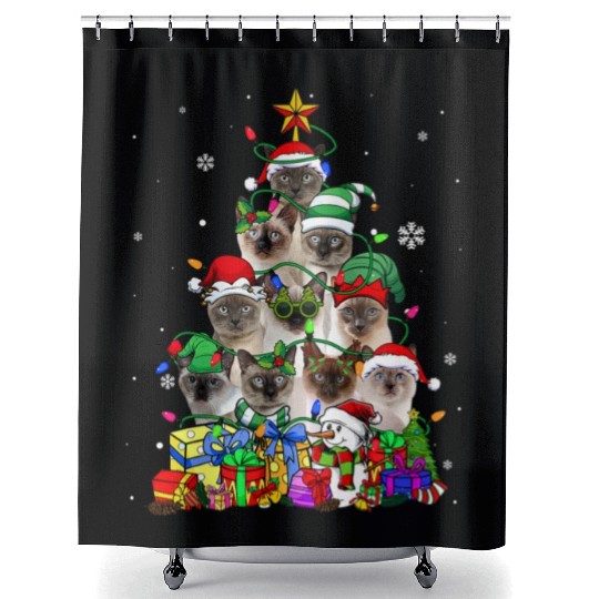 Cat Lover Funny Siamese Tree Christmas Light Shower Curtains