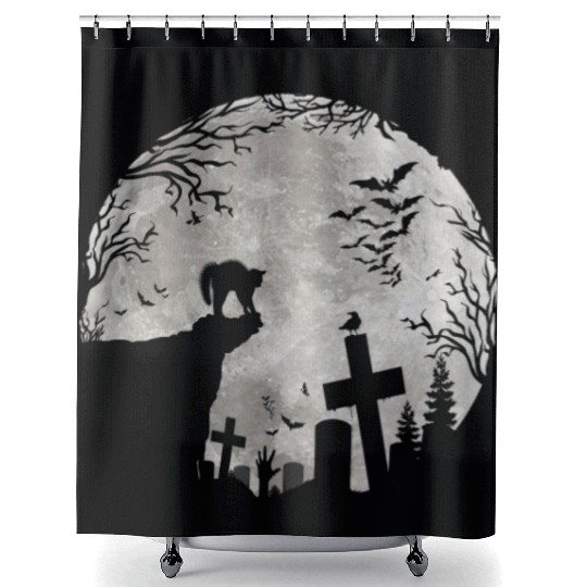 Halloween Black Cat Werewolf Full Moon Bats trick Shower Curtains