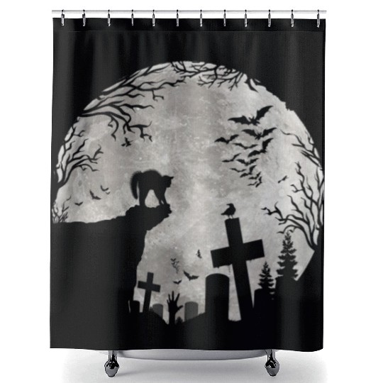 Halloween Black Cat Werewolf Full Moon Bats trick Shower Curtains