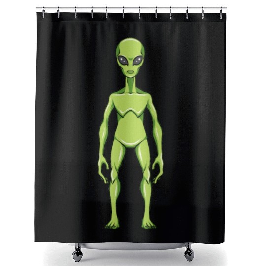 green alien, alien Shower Curtains
