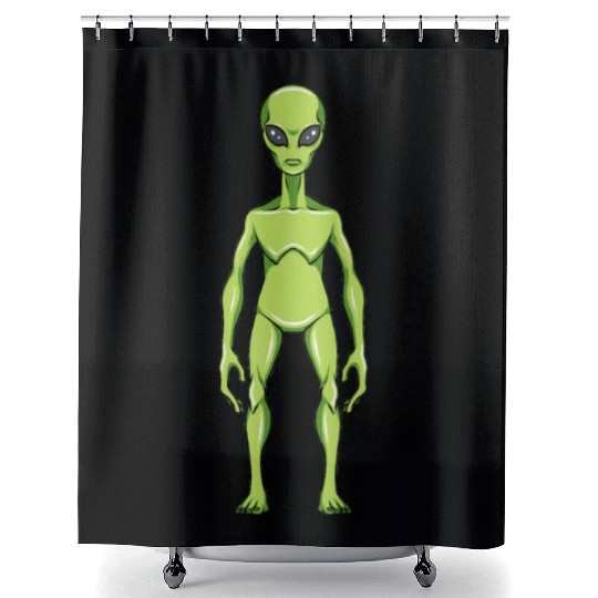 green alien, alien Shower Curtains