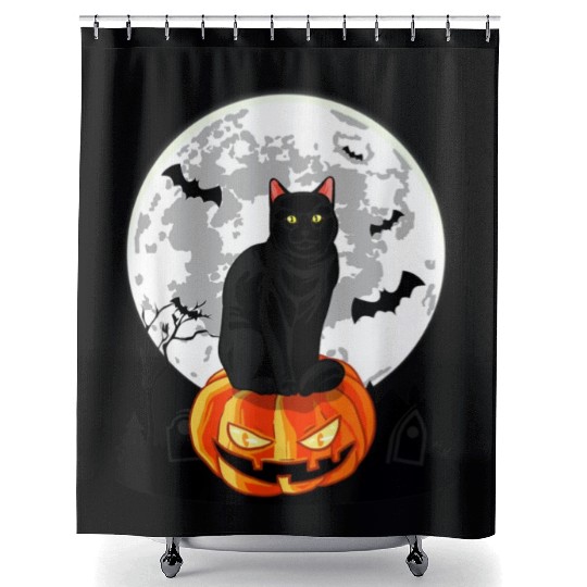 Black Cat On Pumpkin Shower Curtains Full Moon Halloween