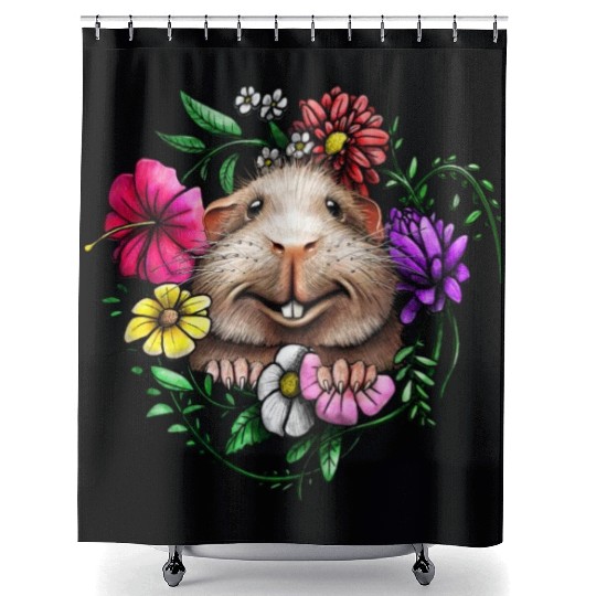 Smooth Hair Guinea Pig With Colorful Flowers Shower Curtains