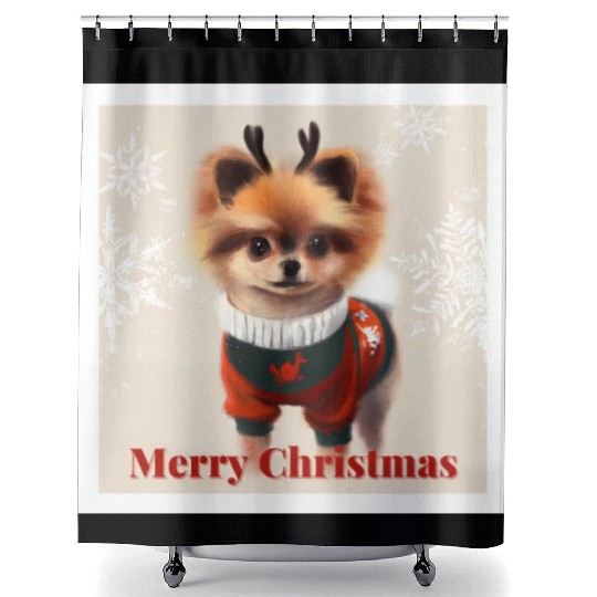 Sweet Miniature Spitz pomeranian in a Christmas. Shower Curtains