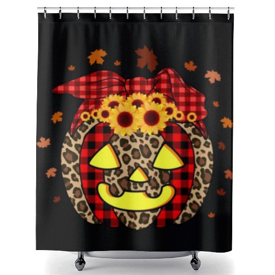 Pumpkin Jack O' Lantern Leopard Plaid Halloween Shower Curtains