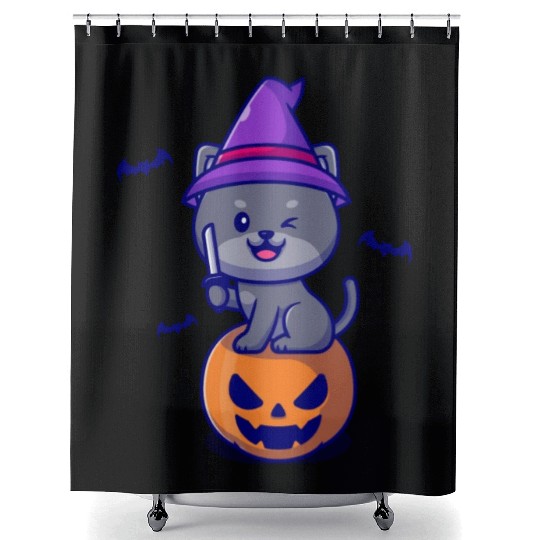 Cat Witch On A Pumpkin - Halloween Shower Curtains