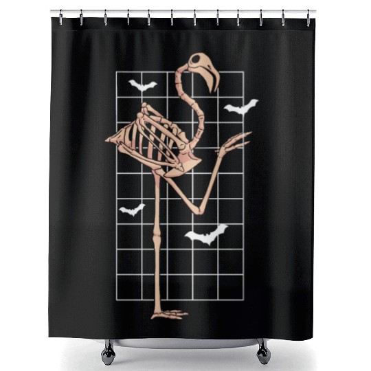 Skeleton Flamingo Trick Or Treating Bird Halloween Shower Curtains