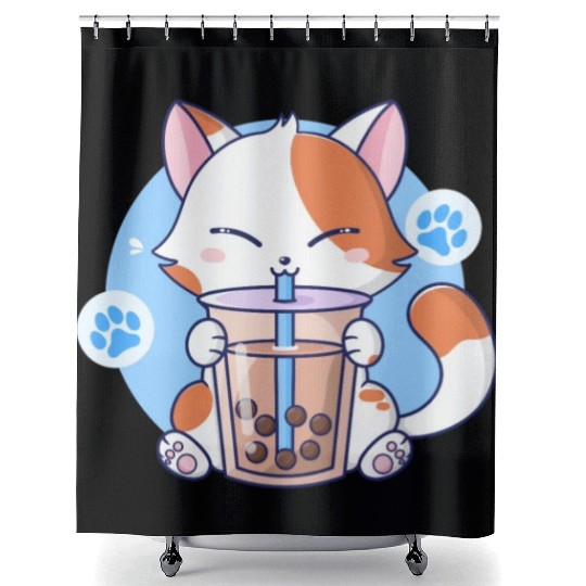 Cat Boba Tea Bubble Tea Kawaii Anime Japanese Neko Shower Curtains