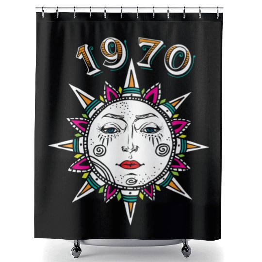 1970 Sun Face Shower Curtains