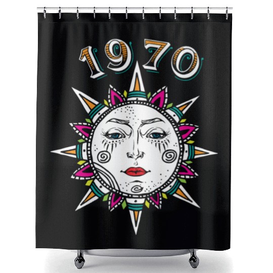 1970 Sun Face Shower Curtains
