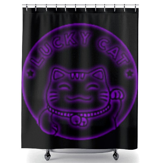 Purple neon lucky cat Shower Curtains