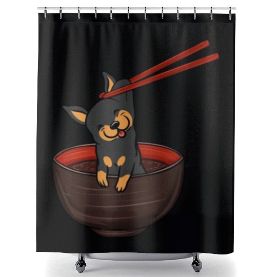 Miniature Pinscher Dipping Noodles Shower Curtains