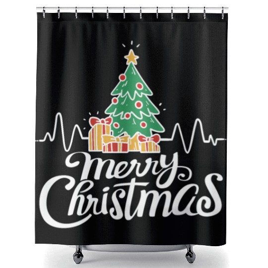 Funny Christmas Tree Heartbeat Merry X-mas Shower Curtains