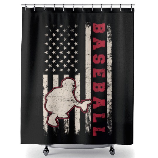 Baseball Catcher USA Flag Patriotic American Flag Shower Curtains