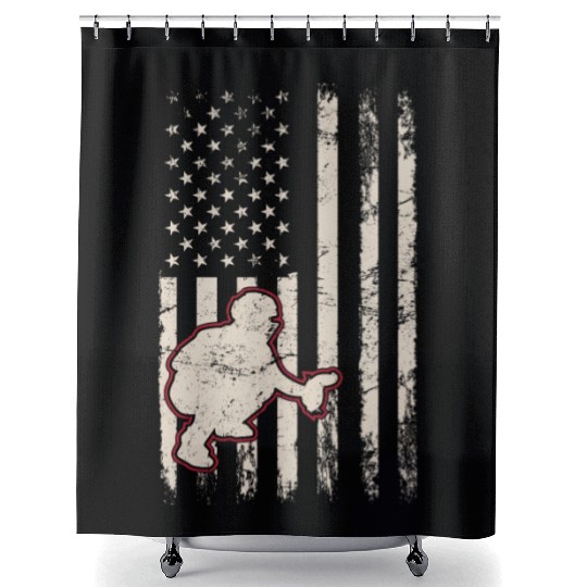 Baseball Catcher USA Flag Patriotic American Flag Shower Curtains