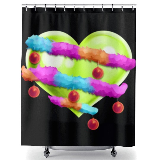 Green Heart With Garland And Christmas Tree Balls Shower Curtains