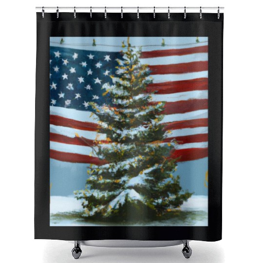 Patriotic Christmas Decorated Christmas Tree With Shower Curtains