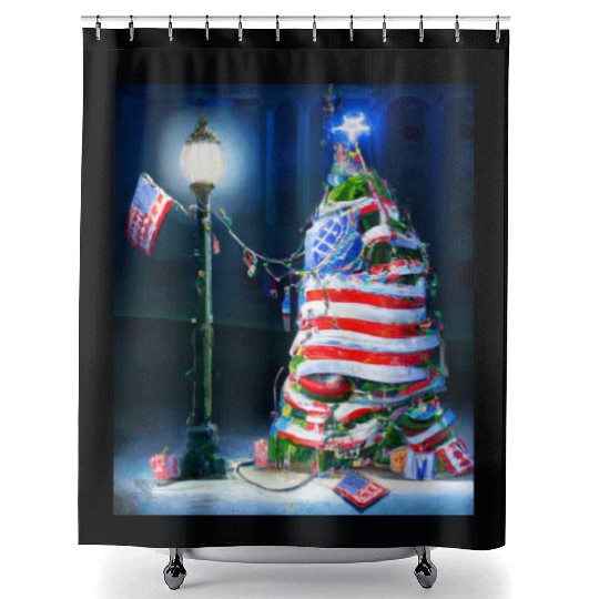 Patriotic Christmas US Flag With Christmas Shower Curtains