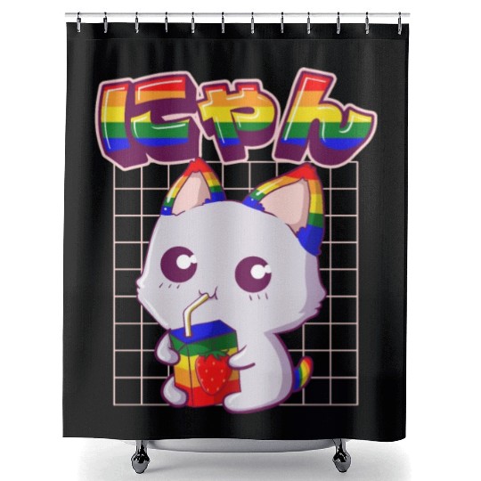 Gay Pride Kawaii Cat Strawberry Milk Rainbow Flag Shower Curtains