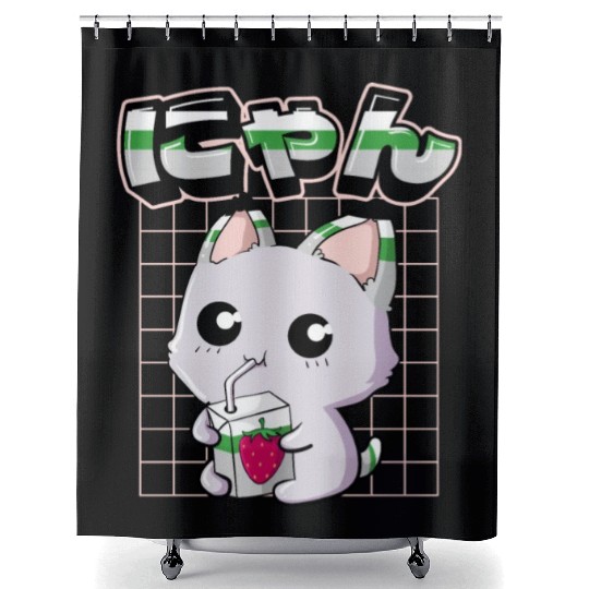Demiromantic Pride Kawaii Cat Strawberry Milk Shower Curtains