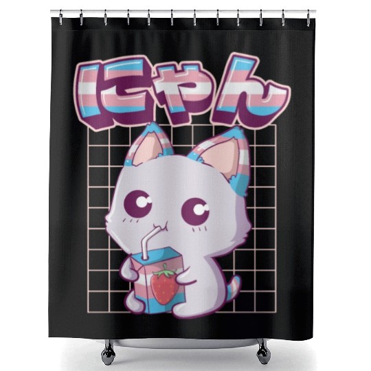 Transgender Pride Kawaii Cat Strawberry Milk Trans Shower Curtains