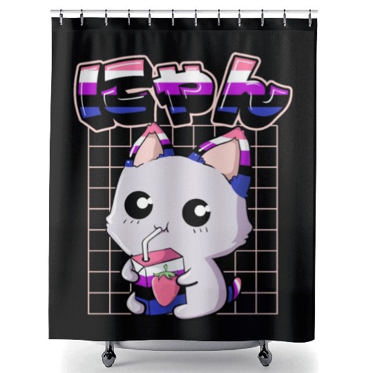 Genderfluid Pride Kawaii Cat Strawberry Milk Shower Curtains
