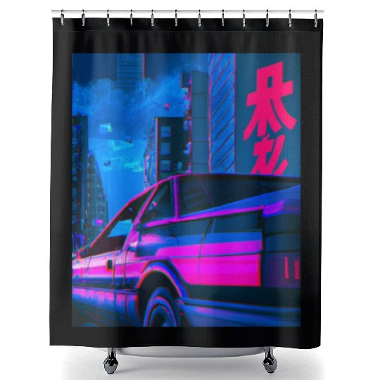 Vaporwave Car Synthwave City Shower Curtains