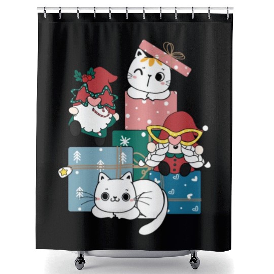 cute gnome and kitty cats on present gift box Shower Curtains