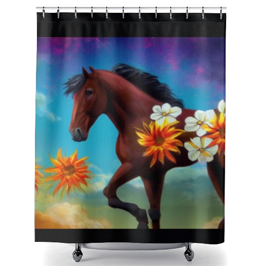 Brown horse with orange white flowers drawing Shower Curtains