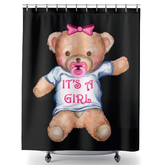 It's A Girl Teddy Bear with Pacifier Shower Curtains