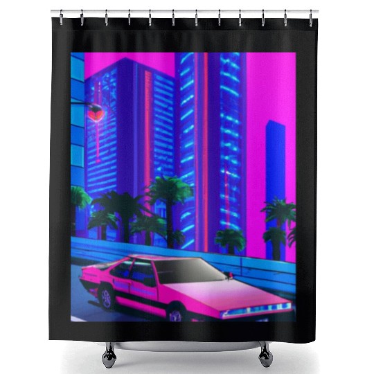 Vaporwave Car Synthwave City Shower Curtains