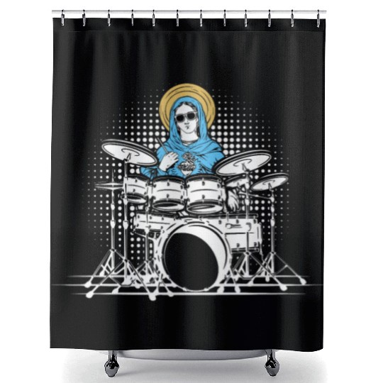 Holy Mother of Jesus Mary Playing Drums - Drums Shower Curtains