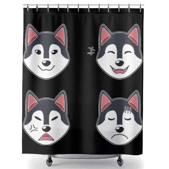 Funny Siberian Husky Dog Cartoon Faces Shower Curtains