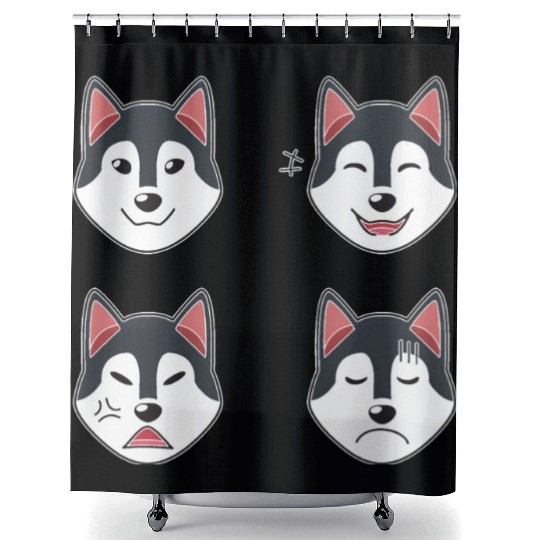 Funny Siberian Husky Dog Cartoon Faces Shower Curtains